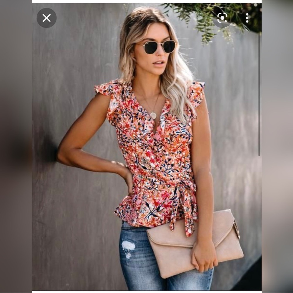 Vici Floral Wrap Blouse - Red and Pink